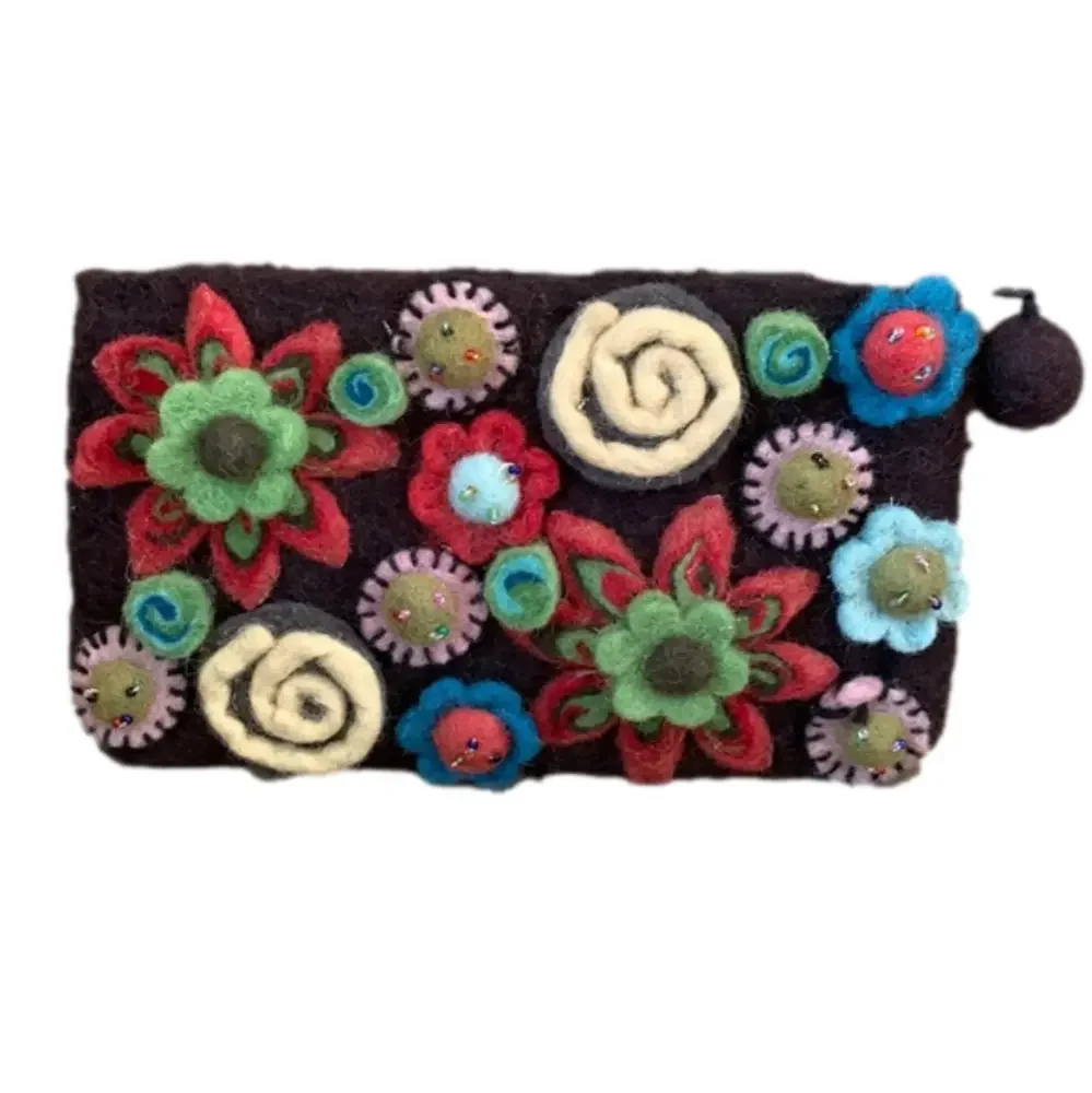 Handmade wool 8x5 floral zippered pouch